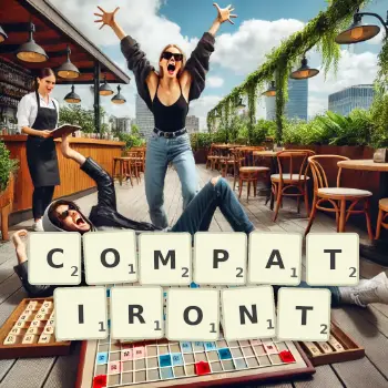 Illustration créative d'un jeu de lettres avec le mot COMPATIRONT épelé sur le plateau.