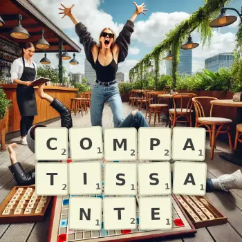 Illustration créative d'un jeu de lettres avec le mot COMPATISSANTE épelé sur le plateau.