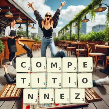 Illustration créative d'un jeu de lettres avec le mot COMPETITIONNEZ épelé sur le plateau.