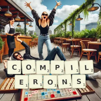 Illustration créative d'un jeu de lettres avec le mot COMPILERONS épelé sur le plateau.