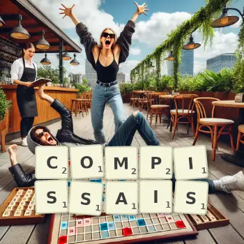 Illustration créative d'un jeu de lettres avec le mot COMPISSAIS épelé sur le plateau.