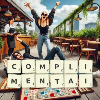 Illustration créative d'un jeu de lettres avec le mot COMPLIMENTAI épelé sur le plateau.