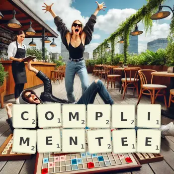 Illustration créative d'un jeu de lettres avec le mot COMPLIMENTEE épelé sur le plateau.
