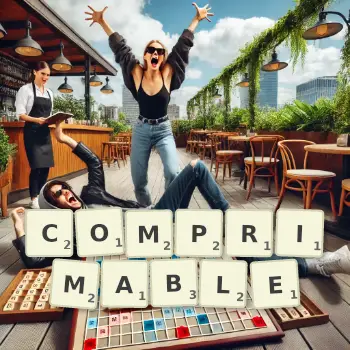 Illustration créative d'un jeu de lettres avec le mot COMPRIMABLE épelé sur le plateau.