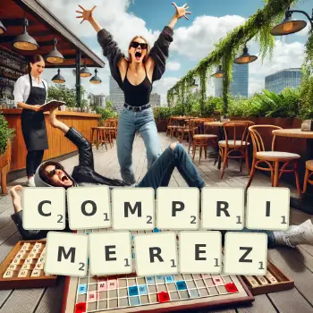 Illustration créative d'un jeu de lettres avec le mot COMPRIMEREZ épelé sur le plateau.