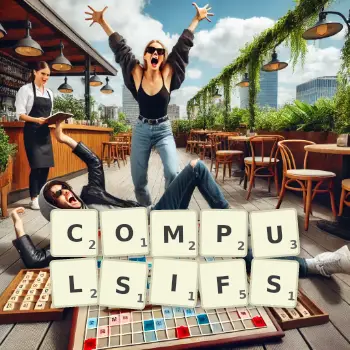 Illustration créative d'un jeu de lettres avec le mot COMPULSIFS épelé sur le plateau.
