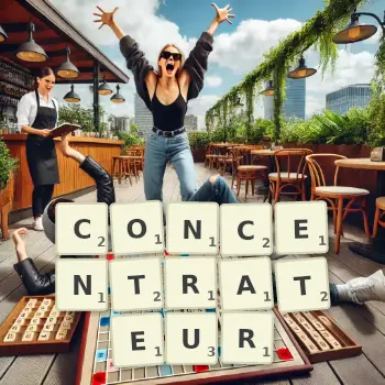 Illustration créative d'un jeu de lettres avec le mot CONCENTRATEUR épelé sur le plateau.