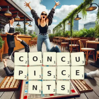 Illustration créative d'un jeu de lettres avec le mot CONCUPISCENTS épelé sur le plateau.