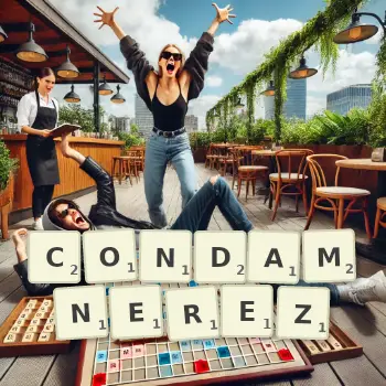 Illustration créative d'un jeu de lettres avec le mot CONDAMNEREZ épelé sur le plateau.
