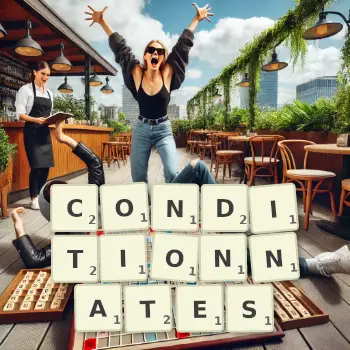 Illustration créative d'un jeu de lettres avec le mot CONDITIONNATES épelé sur le plateau.