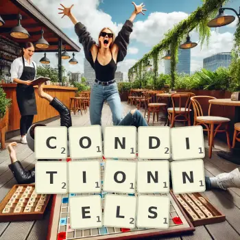 Illustration créative d'un jeu de lettres avec le mot CONDITIONNELS épelé sur le plateau.