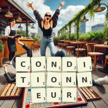 Illustration créative d'un jeu de lettres avec le mot CONDITIONNEUR épelé sur le plateau.