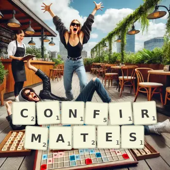 Illustration créative d'un jeu de lettres avec le mot CONFIRMATES épelé sur le plateau.