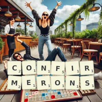 Illustration créative d'un jeu de lettres avec le mot CONFIRMERONS épelé sur le plateau.
