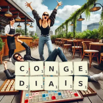 Illustration créative d'un jeu de lettres avec le mot CONGEDIAIS épelé sur le plateau.