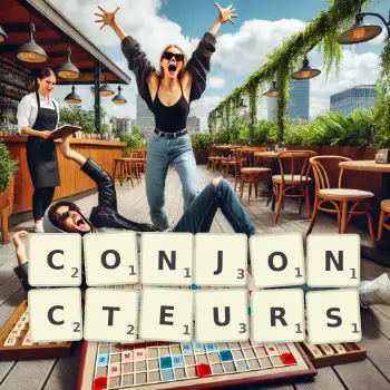 Illustration créative d'un jeu de lettres avec le mot CONJONCTEURS épelé sur le plateau.