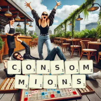 Illustration créative d'un jeu de lettres avec le mot CONSOMMIONS épelé sur le plateau.