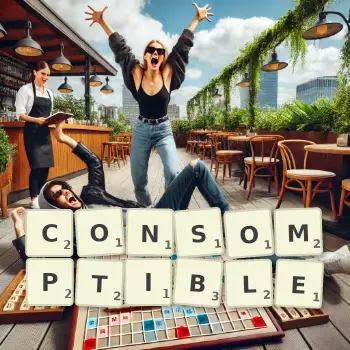 Illustration créative d'un jeu de lettres avec le mot CONSOMPTIBLE épelé sur le plateau.