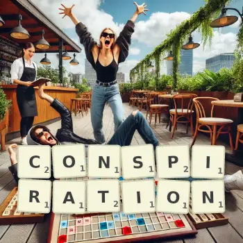 Illustration créative d'un jeu de lettres avec le mot CONSPIRATION épelé sur le plateau.