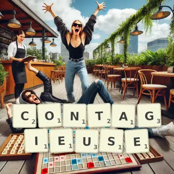 Illustration créative d'un jeu de lettres avec le mot CONTAGIEUSE épelé sur le plateau.