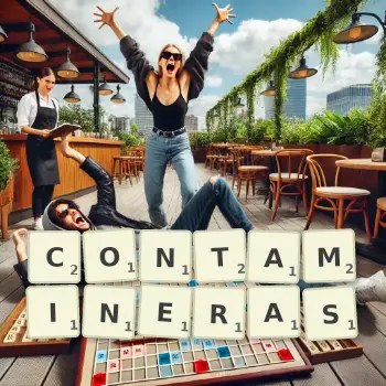 Illustration créative d'un jeu de lettres avec le mot CONTAMINERAS épelé sur le plateau.