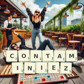 Illustration créative d'un jeu de lettres avec le mot CONTAMINIEZ épelé sur le plateau.