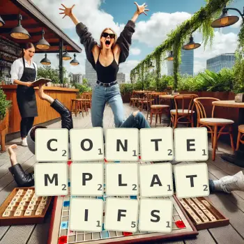 Illustration créative d'un jeu de lettres avec le mot CONTEMPLATIFS épelé sur le plateau.