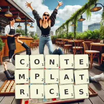 Illustration créative d'un jeu de lettres avec le mot CONTEMPLATRICES épelé sur le plateau.