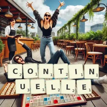 Illustration créative d'un jeu de lettres avec le mot CONTINUELLE épelé sur le plateau.