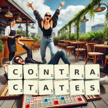 Illustration créative d'un jeu de lettres avec le mot CONTRACTATES épelé sur le plateau.