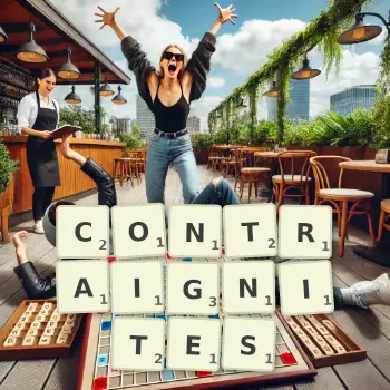 Illustration créative d'un jeu de lettres avec le mot CONTRAIGNITES épelé sur le plateau.