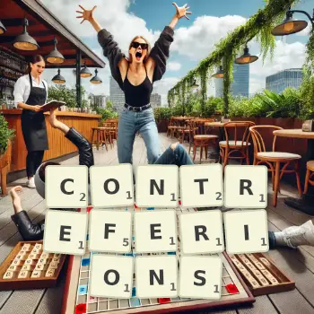 Illustration créative d'un jeu de lettres avec le mot CONTREFERIONS épelé sur le plateau.