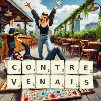 Illustration créative d'un jeu de lettres avec le mot CONTREVENAIS épelé sur le plateau.