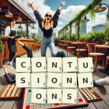 Illustration créative d'un jeu de lettres avec le mot CONTUSIONNONS épelé sur le plateau.
