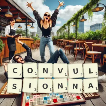 Illustration créative d'un jeu de lettres avec le mot CONVULSIONNA épelé sur le plateau.