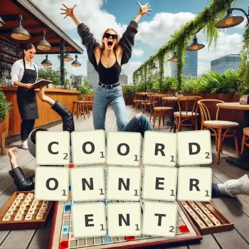 Illustration créative d'un jeu de lettres avec le mot COORDONNERENT épelé sur le plateau.
