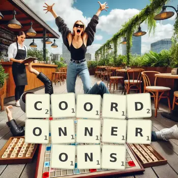 Illustration créative d'un jeu de lettres avec le mot COORDONNERONS épelé sur le plateau.