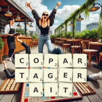 Illustration créative d'un jeu de lettres avec le mot COPARTAGERAIT épelé sur le plateau.