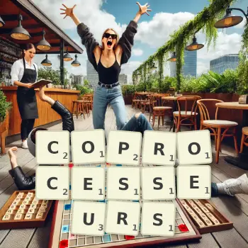 Illustration créative d'un jeu de lettres avec le mot COPROCESSEURS épelé sur le plateau.