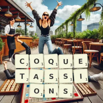 Illustration créative d'un jeu de lettres avec le mot COQUETASSIONS épelé sur le plateau.