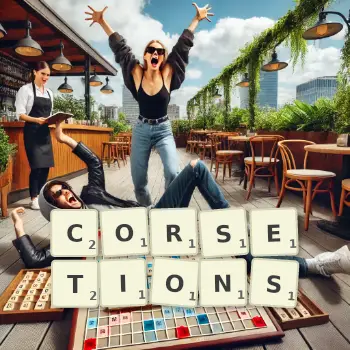Illustration créative d'un jeu de lettres avec le mot CORSETIONS épelé sur le plateau.