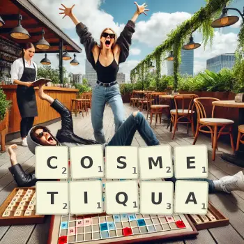 Illustration créative d'un jeu de lettres avec le mot COSMETIQUA épelé sur le plateau.