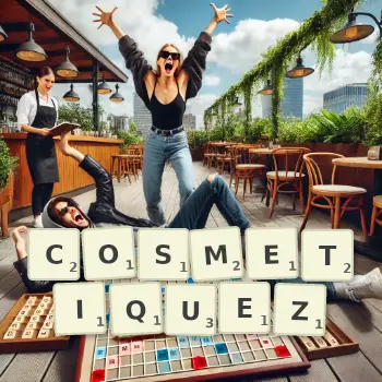 Illustration créative d'un jeu de lettres avec le mot COSMETIQUEZ épelé sur le plateau.