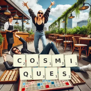 Illustration créative d'un jeu de lettres avec le mot COSMIQUES épelé sur le plateau.