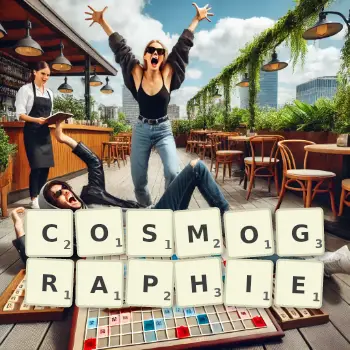 Illustration créative d'un jeu de lettres avec le mot COSMOGRAPHIE épelé sur le plateau.