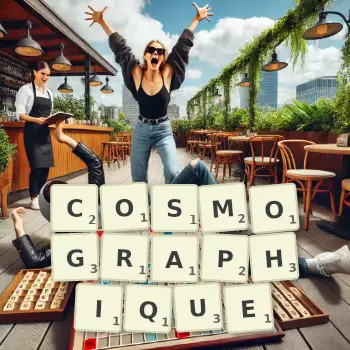 Illustration créative d'un jeu de lettres avec le mot COSMOGRAPHIQUE épelé sur le plateau.