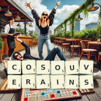 Illustration créative d'un jeu de lettres avec le mot COSOUVERAINS épelé sur le plateau.