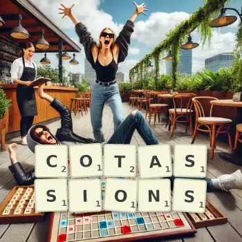 Illustration créative d'un jeu de lettres avec le mot COTASSIONS épelé sur le plateau.