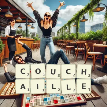 Illustration créative d'un jeu de lettres avec le mot COUCHAILLE épelé sur le plateau.