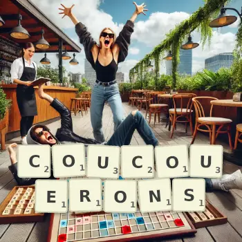 Illustration créative d'un jeu de lettres avec le mot COUCOUERONS épelé sur le plateau.